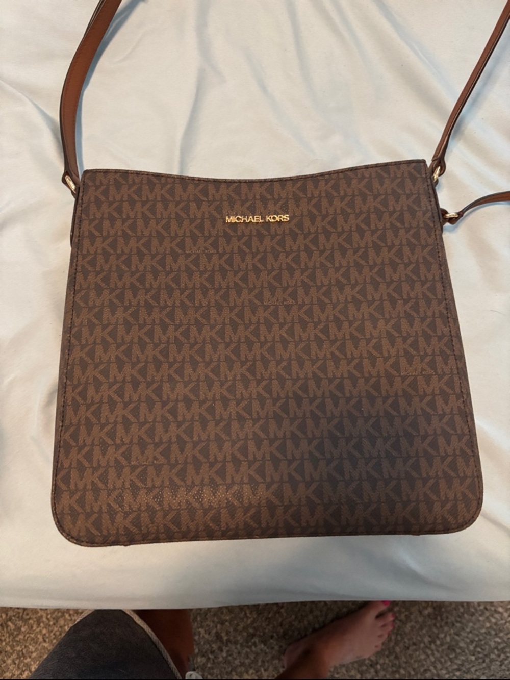 Michael Kors Brown MK Logo Messenger Bag with Gold Hardware